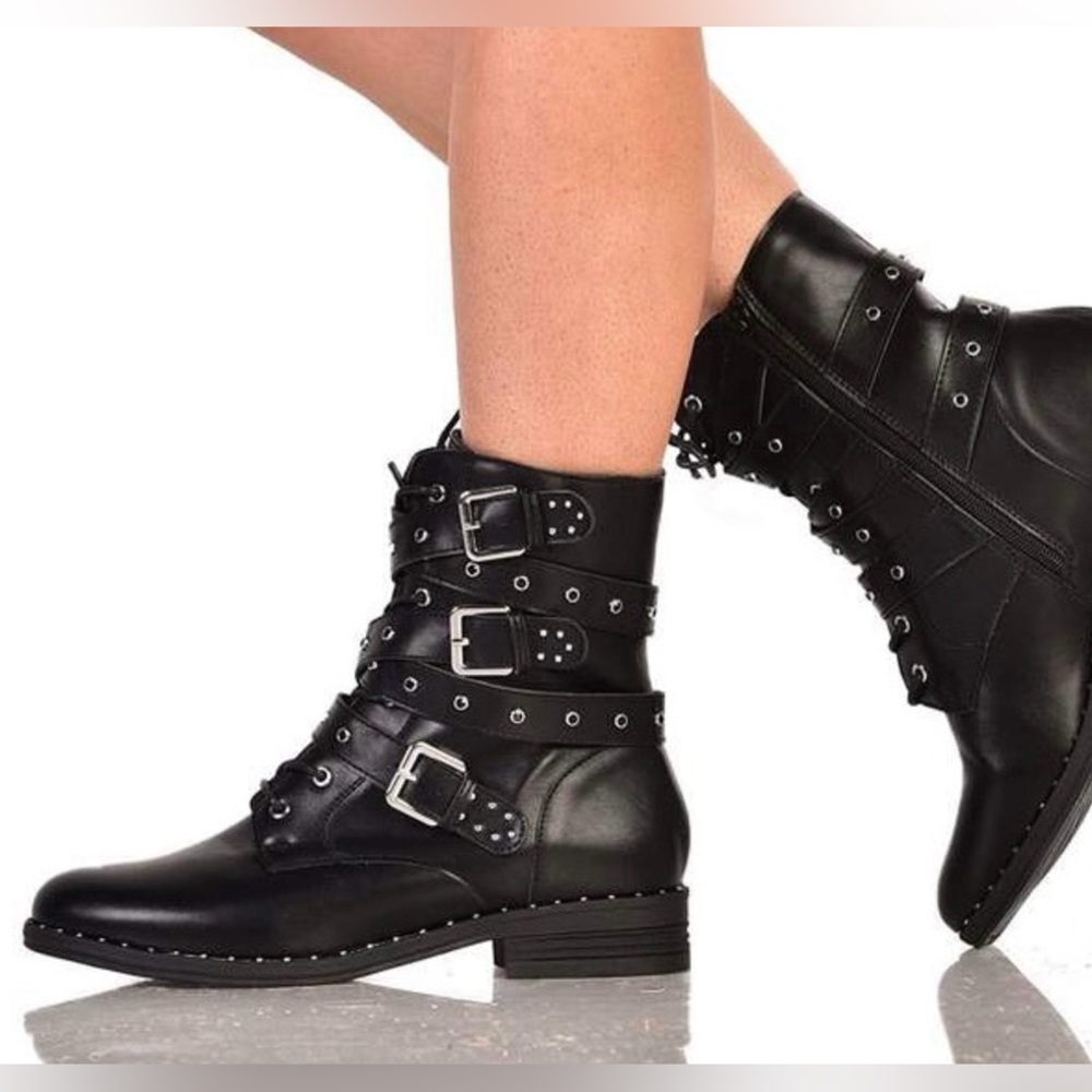 ~New~ Wild Diva Lounge Misty-13 Power Play Strappy Combat Ankle Boots Black